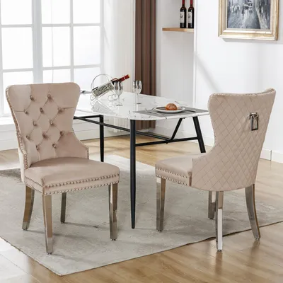 Image de Chaise de salle à manger Fortuna Lai (chaise de cuisine, chaise de salon avec heurtoir unique à l'arrière, 2 pièces), chaise rembourrée avec garniture à clous, pieds d'appui en métal, revêtement en velours, beige