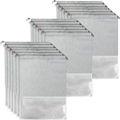 Imagen del producto de Juego de 18 bolsas para zapatos Unyqoos® de tela no tejida, impermeables y resistentes al agua, con cordón de ajuste y ventana transparente, color gris, 44 x 32 cm