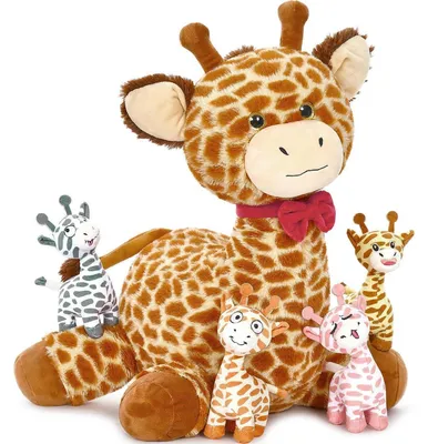 Produktbild von Riesen Giraffe Kuscheltier XXL mit 4 Baby-Giraffen 50cm sitzend gelb