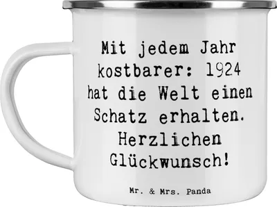 Produktbild von Mr. & Mrs. Panda Teetasse Spruch 1924 Geburtstag - Weiß - Geschenk, becher emaille, Herzlichen Glückwunsch, Alter, Geburtstagsfeier, Teebecher, Wertschätzung, Haferl