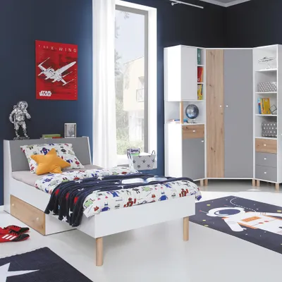 Produktbild von Jugendzimmer Set 4-teilig FAIRFAX-133 mit Jugendbett 120x200cm in weiß mit Eiche und grau