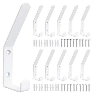 Produktbild von 10 große Kleiderhaken, 2 cm breit, weiße Metallhaken für Akustikpaneele, Zubehör für Akustikpaneele mit Gummistopfen und Schrauben für Schlafzimmer, Küche, Badezimmer, Wandpaneele, Kleiderhaken