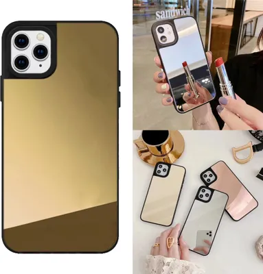 A collage of iPhone cases, some with a mirrored finish, and a lipstick.