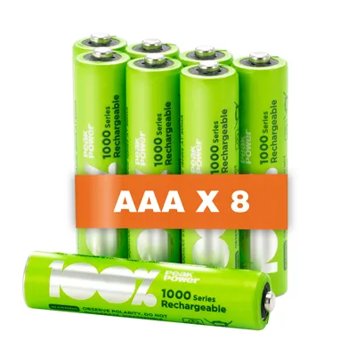 Produktbild von 100% PeakPower Akku AAA, 8 Stück AAA Batterien wiederaufladbar, min. 800mAh, NiMH Technologie, ohne Memory-Effekt, 1,2 Volt (1,2V), geringe Selbstentladung, Ready-to-Use