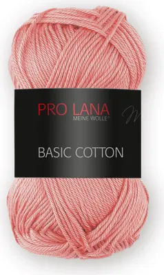 A ball of pink yarn with a black label.