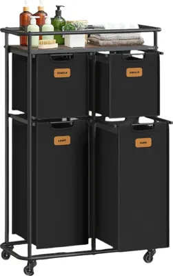 Image de Chariot de blanchisserie sur roulettes, 150 litres, couleur marron foncé, dimensions : 72,4 x 33 x 109,1 cm