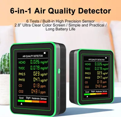 Produktbild von 6-in-1 Luftqualitätsmonitor, Multifunktionaler CO2 Messgerät, Tester für PM2.5  PM10 HCHO TVOC CO, Raumluft-Analysegerät mit LCD, Wiederaufladbar