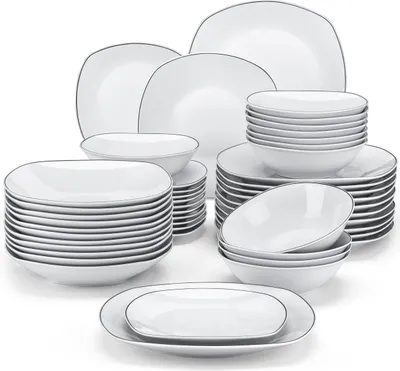 Image de MALACASA, Série Elisa, Service combiné à rayures noires, 48 pièces Service de table en porcelaine Set de vaisselle avec 12 assiettes plates, 12 assiettes à dessert, 12 assiettes creuses, 12 bols pour 12 personnes