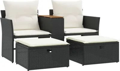 A set of outdoor furniture including two chairs and two ottomans.