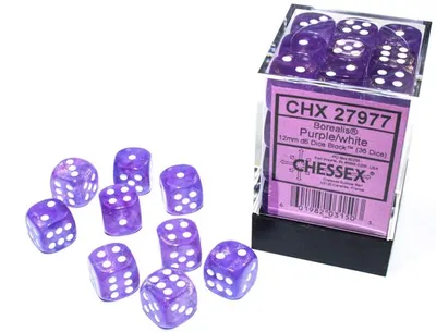 Produktbild von Chessex Borealis D6 12mm Lila/Weiß Leuchtendes Würfelset (36 Stück)