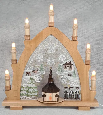 Produktbild von Original Erzgebirgischer Holz-Schwibbogen mit Plauener Spitze - Seiffener Kirche, Buche hell