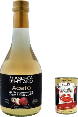 Produktbild von 6x Andrea Milano, Aceto di Melannurca Campana IGP, Essig aus frischen nicht pasteurisierten Äpfeln und natürlichen Fermentation, hergestellt, Säure 5%, 500ml + Italian gourmet polpa 400g