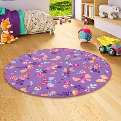 Produktbild von Kinder Spiel Teppich Schmetterling Lila Rund, Größe:300 cm Rund