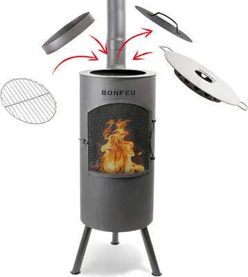 Produktbild von BonFeu BonTino Schwarz - Terrassenofen - Feuerstelle mit Funkenschutz für entspannte Abende  - Feuersäule Outdoor - Terrassenkamin mit Grillrost - Gartenofen aus hochwertigem Stahl - 35x35x153cm