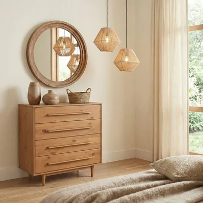 Produktbild von Kommode TECCA mit 4 Schubladen, Eiche Finish – Schubladenschrank aus massivem Kiefernholz, skandinavisches Design mit Holzgriffen, Stauraummöbel für Schlafzimmer Wohnzimmer Flur Gästezimmer