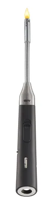 A black and silver gas lighter with a flexible neck and a flame.