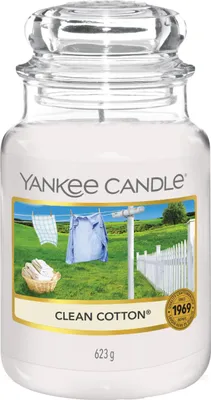 Produktbild von Yankee Candle Duftkerze Clean Baumwolle, Large Jar mit Deckel, Weiß, H: 17,5 cm, Ø: 10 cm, 623 g, Brenndauer: 110-150 Std., Paraffinwachs, bleifreier Baumwolldocht