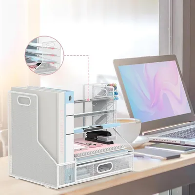 Produktbild von Schreibtisch-Organizer mit vielseitigen Aufbewahrungsmöglichkeiten für Bürobedarf im stilvollen weißen Design