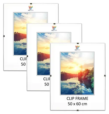 Produktbild von MG Design Cliprahmen Set 3 Stück 50x60 cm - rahmenlos mit Acrylglas & HDF-Rückwand, für Fotos/Poster/Puzzle, hoch/quer
