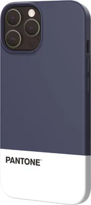 A smartphone case with a blue top half and a white bottom half, featuring the Pantone logo.