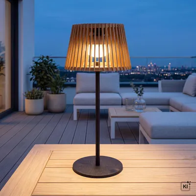 Produktbild von LED Tischleuchte außen Solar Holz Metall 36 cm IP54 2700 K 900 lm Fernbedienung kabellos tragbar Modern Tischlampe Balkon Garten, KI-generiertes Bild