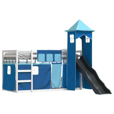 Produktbild von Möbel Etagenbett mit Rutsche und Gardinen Blau 90x190 cm - Polsterbett 3284210