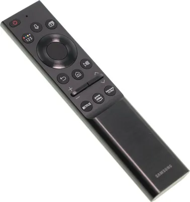 A black Samsung TV remote control is shown diagonally against a white background.