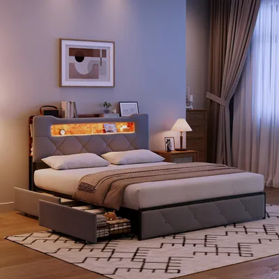 Image de UnboxG Lit rembourré 140x200cm avec USB & Type C, Lit de rangement Lit d'adolescent avec 4 tiroirs, Lit double en bois avec LED & sommier à lattes, Lit fonctionnel, Velours, Gris