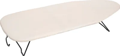 A beige ironing board with black metal legs, shown from a slightly elevated side angle against a white background.