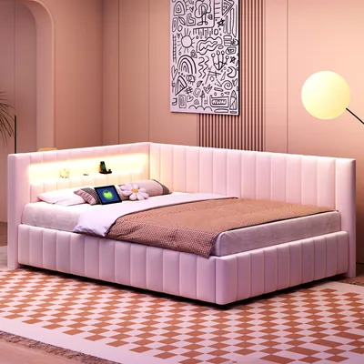 Immagine prodotto di Letto imbottito 140x200 cm, color beige, rivestito in velluto, con illuminazione LED e porta USB, dotato di schienale, testiera e rete a doghe