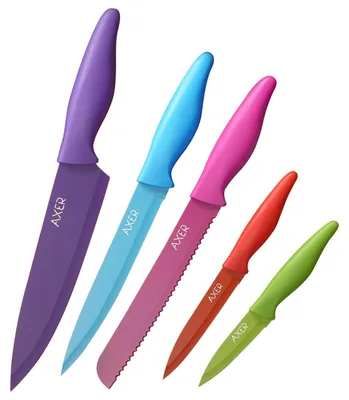 Image de Set de couteaux Axer coloré 5 pièces - set de couteaux de cuisine en acier inoxydable avec lame antiadhésive et tranchante pour la cuisine, le pain, couteau universel et couteau à légumes