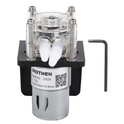 A peristaltic pump with a clear head, black base, and silver motor, shown with an Allen wrench. The product is set against a plain white background.