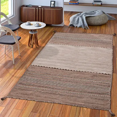 Produktbild von TT Home Handwebteppich Wohnzimmer Natur Webteppich Kelim Modern Baumwolle Streifen Beige Größe 200x290 cm