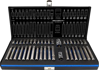 A black toolbox with a blue lining, filled with a set of HASKYY Vielzahn Steckschlüssel Satz Torx XZN Bit Innensechskant Set.