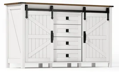 Produktbild von Kommode – Sideboard – Aufbewahrungsschrank – Schubladenschrank – Weiße Holzoptik – 137 cm breit – 2 Schiebetüren und 4 Schubladen