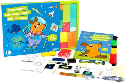 A science-themed advent calendar for children, featuring astronomy experiments and a mascot mouse character.