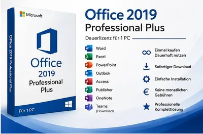 Produktbild von Microsoft Office 2019 Professional Plus | Dauerlizenz für 1 PC | Word, Excel, PowerPoint, Outlook, Access, Publisher, Teams | Sofortiger Download