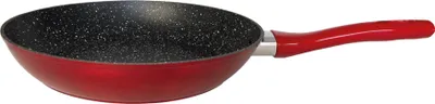 A red frying pan with a black speckled interior and a red handle is shown against a white background.