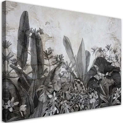 Produktbild von Leinwandbild Exotische Blätter auf Betonhintergrund 120x80 Feeby Schwarz-Weiß bild für die wand bereit zum aufhängen