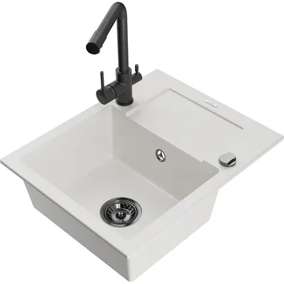 Obrázek produktu pro Mexen Enzo 1-miskový granitový dřez s odkapávačem a kuchyňskou baterií Duero, Bílá - 6506-20-671600-70