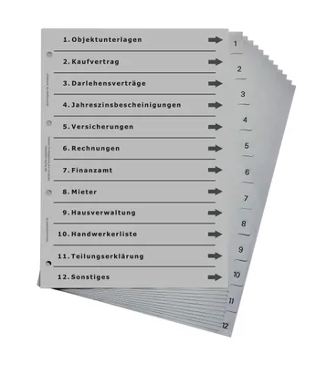 Produktbild von europrotokoll Ordnerregister für Immobilien, durchdachtes Register für DIN A4 Ordner, Wohnungsordner, Immobilienordner für Vermieter, lichtgrau