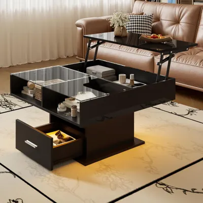 Produktbild von LED Couchtisch Weiß Hochglanz, höhenverstellbar mit Stauraum, 78 x 78 x 45 cm