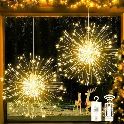 Productafbeelding van Vuurwerk Kerstverlichting, set van 2 stuks - 180 LED's - 8 modi - Dimbaar - Werkt op batterijen - Waterdicht, geschikt voor binnen- en buitengebruik