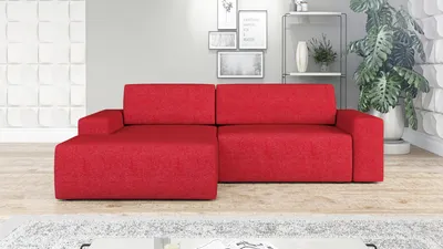 A red sectional sofa is shown in a modern living room setting.