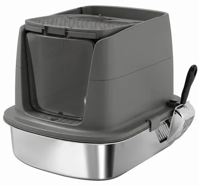 Produktbild von Große Katzentoilette aus Edelstahl, geschlossene Katzenstreuschale mit Metallschaufel und Deobeutel, dunkelgrau
