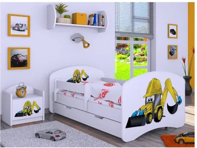 A child's bedroom with a white bed decorated with cartoon construction vehicles.