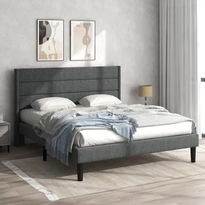 Obrázek produktu pro Čalouněná postel 140 x 200 cm, rošt s lamelovým roštem a čelem, čalouněná manželská postel, textilní potahové prádlo v tmavě šedé barvě, nadčasový moderní design, postel pro mládež