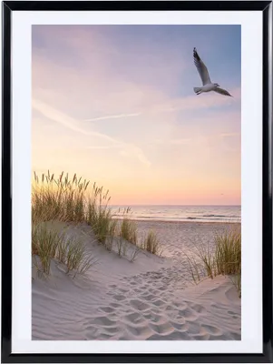 A framed picture of a beach scene with sand dunes, tall grass, and a seagull flying in the sky during sunset.