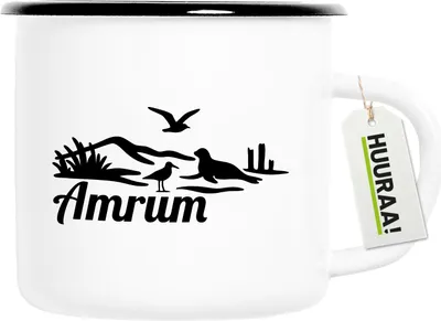Produktbild von Huuraa Emaille Tasse Amrum Strandmotiv 300ml Vintage Campingbecher Geschenkidee