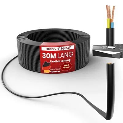 Immagine prodotto di Cavo flessibile in plastica da 30 metri, tipo H05VV-F, 3G1, colore nero, per uso come cavo di alimentazione per apparecchiature